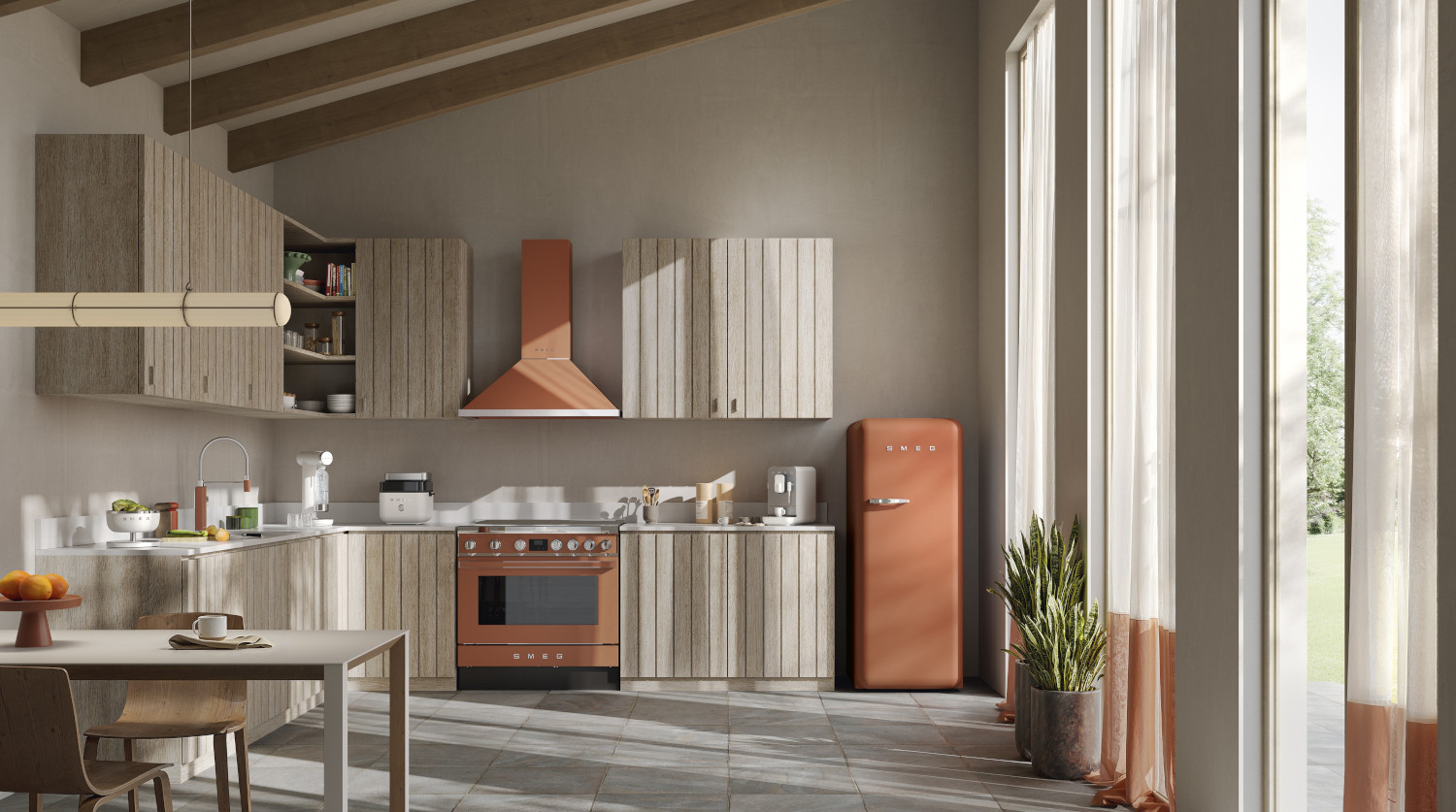 Smeg matt borostyán konyhai enteriőr FAB28 hűtőszekrénnyel és cookerrel