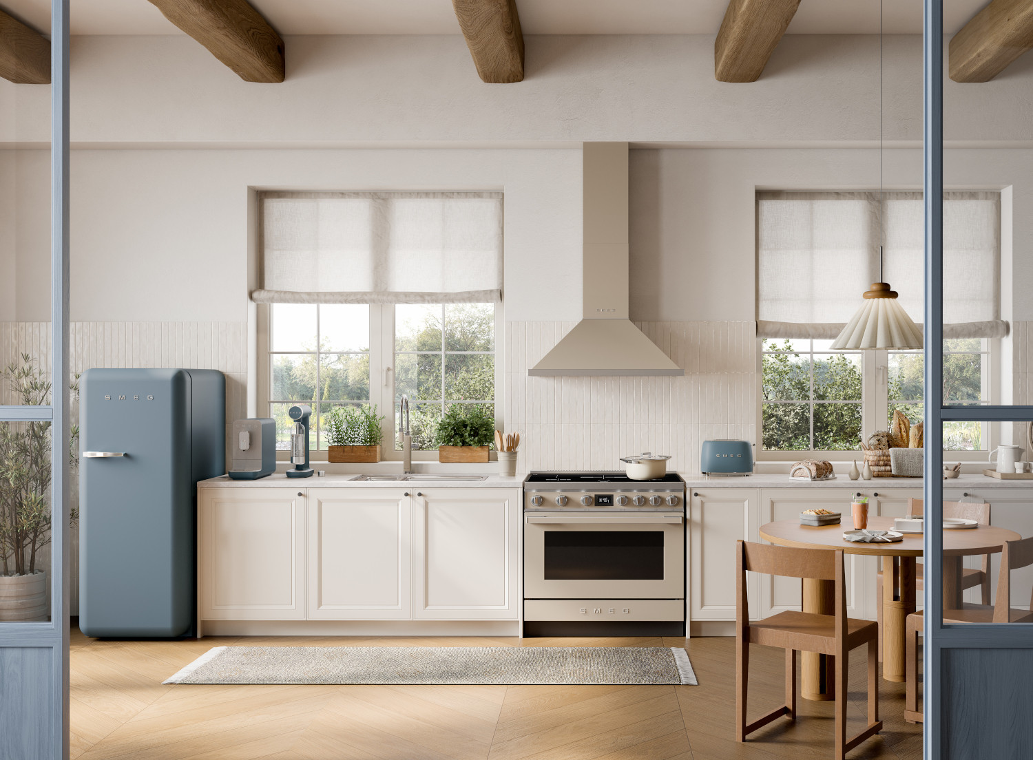 Smeg matt viharkék FAB28 hűtőszekrény és kisgépek, matt moonlight cooker és páraelszívó