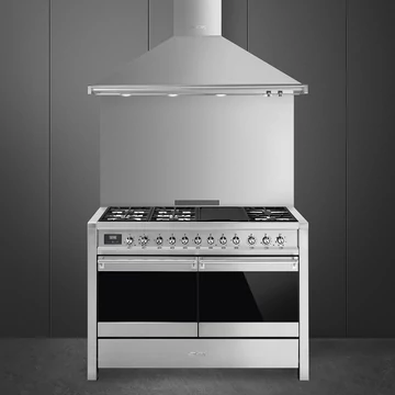SMEG SZABADONÁLLÓ TŰZHELY, Classica design, 120 cm, 2 sütőtér (61 l + 55 l), 8 funkció, gáz főzőlap, rozsdamentes acél