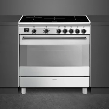 SMEG SZABADONÁLLÓ TŰZHELY, Classic design, 90 cm, 1 sütőtér, indukciós főzőlap, matt fekete gombok, inox