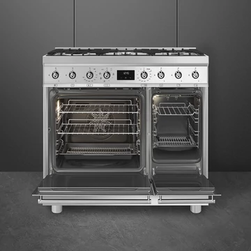 SMEG SZABADONÁLLÓ TŰZHELY, Classica design, 90 cm, 2 sütőtér, 8 funkció, gáz főzőlap, fekete üveg/rozsdamentes acél