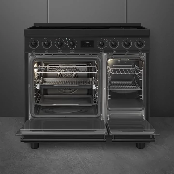 SMEG SZABADONÁLLÓ TŰZHELY, Classica design, 90 cm, 2 sütőtér, indukciós főzőlap, fekete gombok és fogantyúk, matt fekete