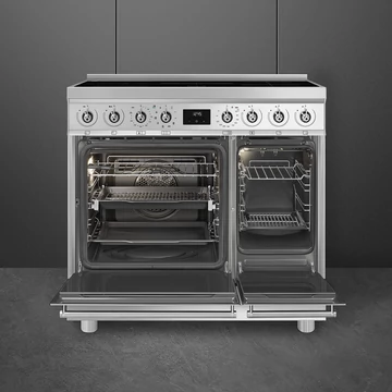 SMEG PIROLITIKUS SZABADONÁLLÓ TŰZHELY, Classica design, 90 cm, 2 sütőtér, indukciós főzőlap, inox