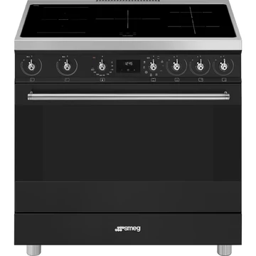 SMEG SZABADONÁLLÓ TŰZHELY, Classic design, 90 cm, 1 sütőtér, indukciós főzőlap, inox gombok és fogantyúk, matt fekete