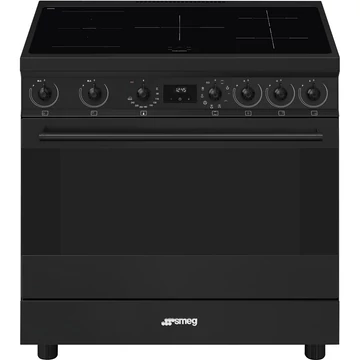 SMEG SZABADONÁLLÓ TŰZHELY, Classic design, 90 cm, 1 sütőtér, indukciós főzőlap, fekete gombok és fogantyúk, matt fekete