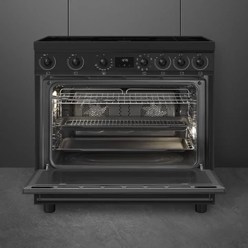 SMEG SZABADONÁLLÓ TŰZHELY, Classic design, 90 cm, 1 sütőtér, indukciós főzőlap, fekete gombok és fogantyúk, matt fekete
