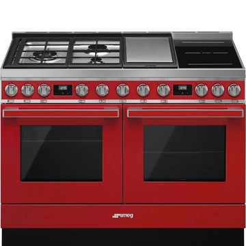 SMEG SZABADONÁLLÓ TŰZHELY, Portofino design, 120 cm, 2 sütőtér, gáz- teppanyaki- és indukciós főzőlap, piros