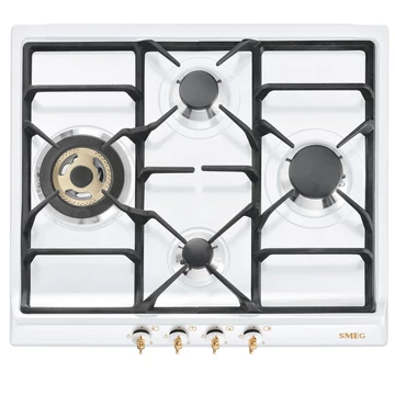 SMEG GÁZ FŐZŐLAP, Coloniale design, 60 cm, 4 égő, 1 db 3,9 kW-os wok égő, fehér/arany színű gombok