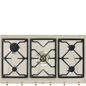 SMEG GÁZ FŐZŐLAP,Colonial,90 cm,4 db norm + 1 db 5 kW-os wok égő,3 öntöttvas edényt,avena bézs,bronz gombok