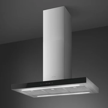 SMEG UNIVERSALE design T-shape sziget páraelszívó, 90 cm, inox + fekete üveg