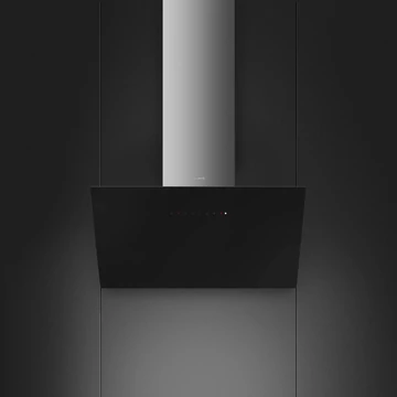 SMEG UNIVERSALE design vertikális fali páraelszívó, 90 cm, fekete üveg, inox kürtő