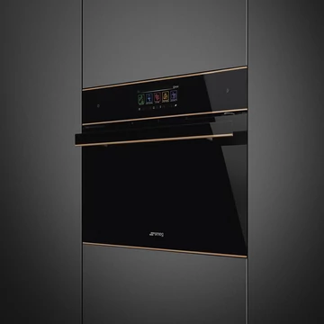 SMEG Galileo Omnichef Kompakt 3 az 1-ben sütő, nagy TFT kijelzővel, Wi-Fi kapcsolattal - Dolce Stil Novo design, fekete üveg, réz díszítésselítéssel