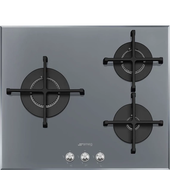 SMEG GÁZ FŐZŐLAP, Linea design, 60 cm, 3 gázégő, öntöttvas edénytartók, függőleges láng,ezüst üveg alap