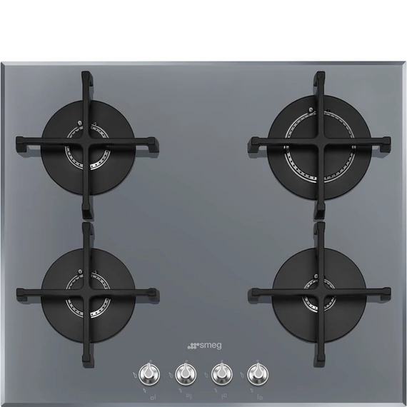 SMEG GÁZ FŐZŐLAP, Linea design, 60 cm, 4gázégő, öntöttvas edénytartók, függőlegesláng, ezüst üveg alap