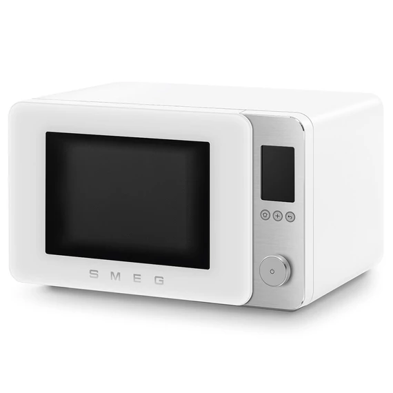 SMEG ASZTALI MIKROHULLÁMÚ SÜTŐ GRILL, LÉGKEVERÉS ÉS AIR FRY FUNKCIÓVAL, matt fehér, oldalról