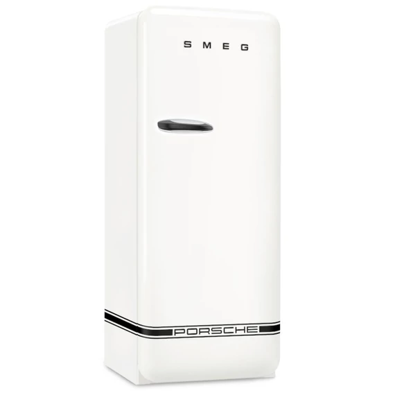 Porsche x SMEG FAB28 Egyajtós hűtőszekrény, felül fagyasztórekesszel, jobbos, Carrara White, oldalról