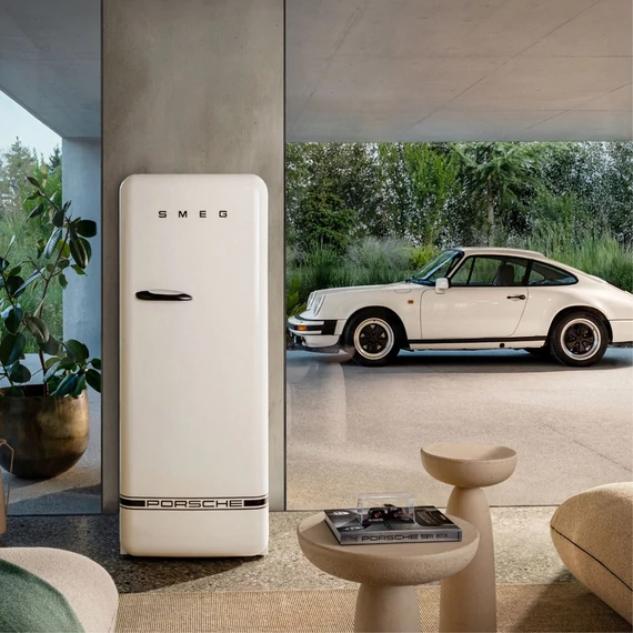 Porsche x SMEG FAB28 Egyajtós hűtőszekrény, felül fagyasztórekesszel, jobbos, Carrara White, Porsche-val