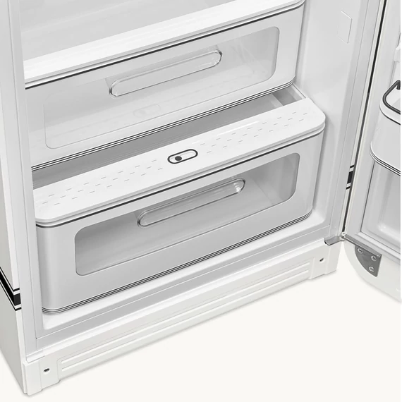 Porsche x SMEG FAB28 Egyajtós hűtőszekrény, felül fagyasztórekesszel, jobbos, Carrara White, zöldségrekesz