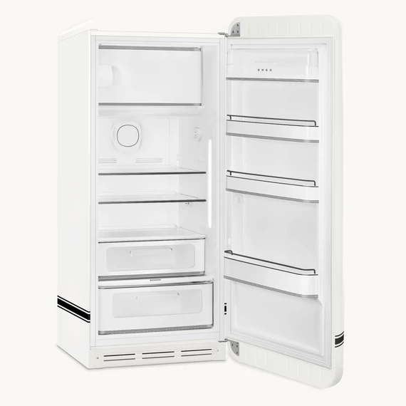Porsche x SMEG FAB28 Egyajtós hűtőszekrény, felül fagyasztórekesszel, jobbos, Carrara White, nyitott ajtó oldalról