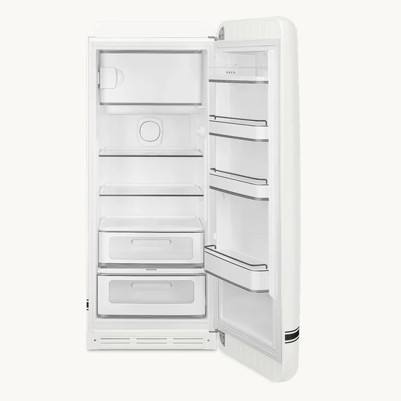 Porsche x SMEG FAB28 Egyajtós hűtőszekrény, felül fagyasztórekesszel, jobbos, Carrara White, nyitott ajtó szemből