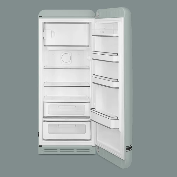 Porsche x SMEG FAB28 Egyajtós hűtőszekrény, felül fagyasztórekesszel, jobbos, Shade Green, nyitott ajtó szemből