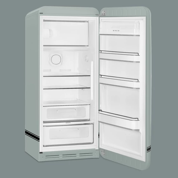 Porsche x SMEG FAB28 Egyajtós hűtőszekrény, felül fagyasztórekesszel, jobbos, Shade Green, nyitott ajtó oldalról