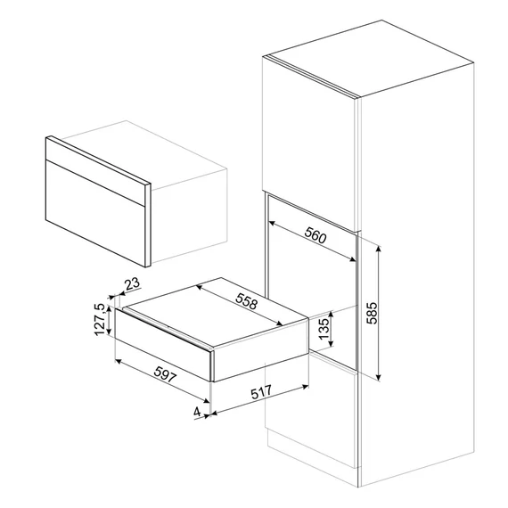 SMEG Sommelier fiók - Dolce Stil Novo design, fekete üveg - műszaki rajz