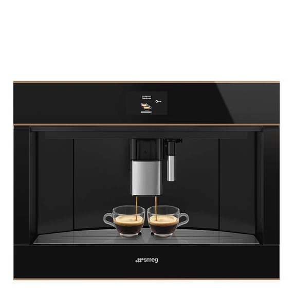 SMEG TELJESEN AUTOMATA KÁVÉFŐZŐ, Dolce Stil Novo design, 60x45 cm, fekete üveg, réz díszítéssel