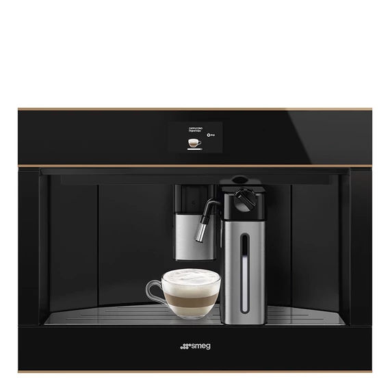 SMEG TELJESEN AUTOMATA KÁVÉFŐZŐ, Dolce Stil Novo design, 60x45 cm, fekete üveg, réz díszítéssel