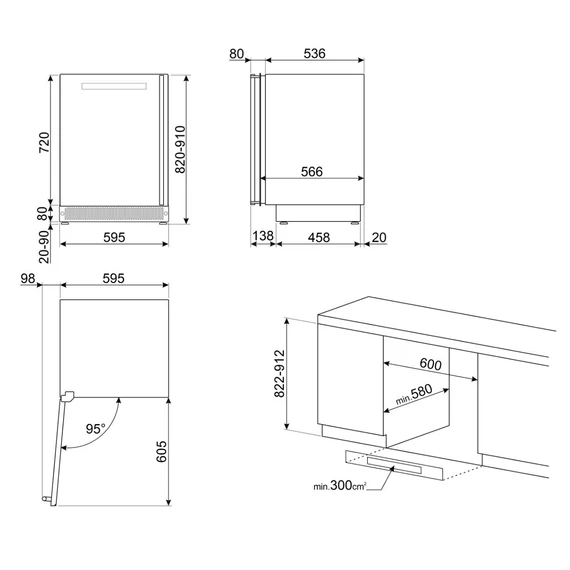 SMEG 82 cm-es pult alá építhető borhűtő 38 palack kapacitással - Dolce Stil Novo design, fekete üveg, balos - műszaki rajz