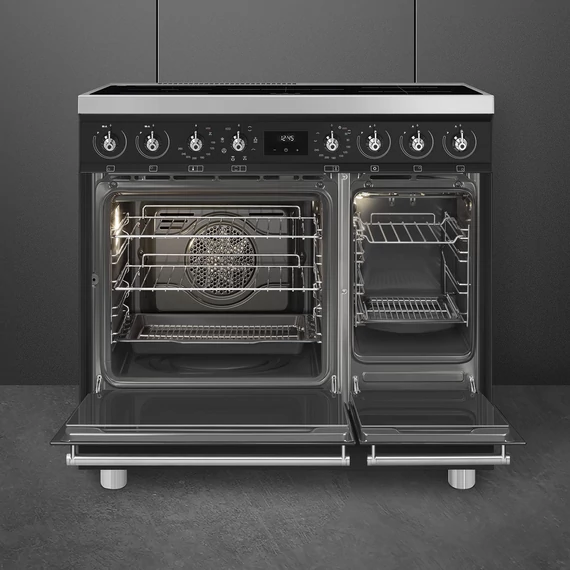 SMEG SZABADONÁLLÓ TŰZHELY, Classic design, 90 cm, 2 sütőtér, indukciós főzőlap, matt fekete