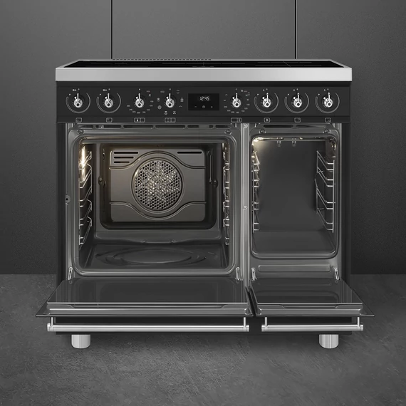 SMEG SZABADONÁLLÓ TŰZHELY, Classic design, 90 cm, 2 sütőtér, indukciós főzőlap, matt fekete