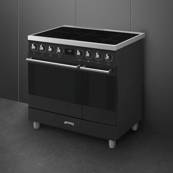 SMEG SZABADONÁLLÓ TŰZHELY, Classic design, 90 cm, 2 sütőtér, indukciós főzőlap, matt fekete