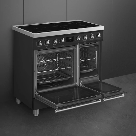 SMEG SZABADONÁLLÓ TŰZHELY, Classic design, 90 cm, 2 sütőtér, indukciós főzőlap, matt fekete