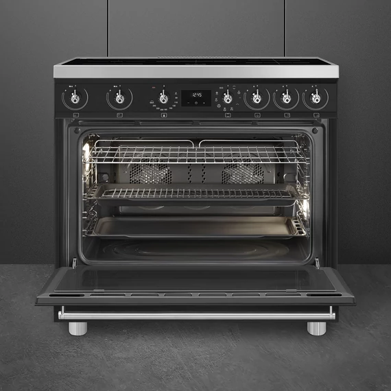 SMEG SZABADONÁLLÓ TŰZHELY, Classic design, 90 cm, 1 sütőtér, indukciós főzőlap, inox gombok és fogantyúk, matt fekete