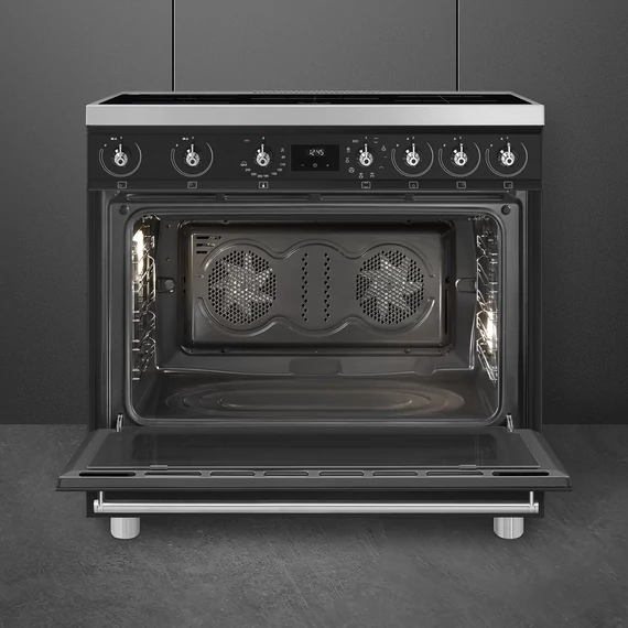 SMEG SZABADONÁLLÓ TŰZHELY, Classic design, 90 cm, 1 sütőtér, indukciós főzőlap, inox gombok és fogantyúk, matt fekete