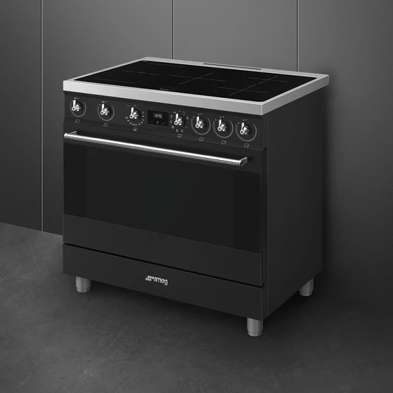 SMEG SZABADONÁLLÓ TŰZHELY, Classic design, 90 cm, 1 sütőtér, indukciós főzőlap, inox gombok és fogantyúk, matt fekete