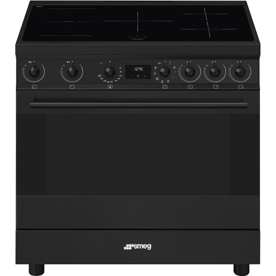 SMEG SZABADONÁLLÓ TŰZHELY, Classic design, 90 cm, 1 sütőtér, indukciós főzőlap, fekete gombok és fogantyúk, matt fekete