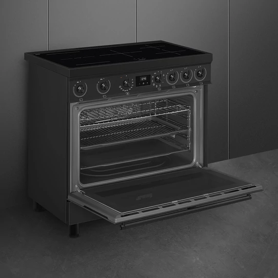 SMEG SZABADONÁLLÓ TŰZHELY, Classic design, 90 cm, 1 sütőtér, indukciós főzőlap, fekete gombok és fogantyúk, matt fekete