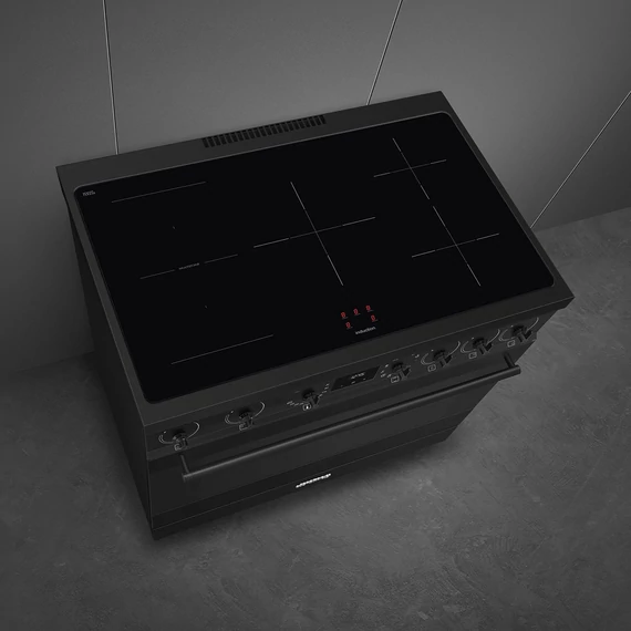SMEG SZABADONÁLLÓ TŰZHELY, Classic design, 90 cm, 1 sütőtér, indukciós főzőlap, fekete gombok és fogantyúk, matt fekete