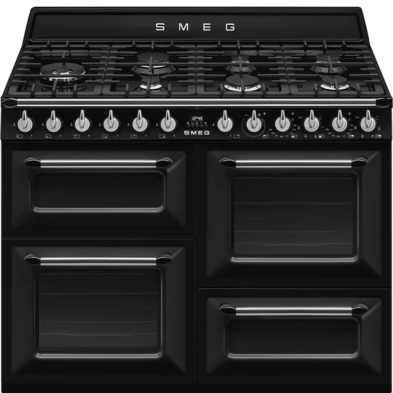 SMEG SZABADONÁLLÓ TŰZHELY, Victoria design, 110 cm, 3 sütőtér, 5 funkció, gáz főzőlap, fekete
