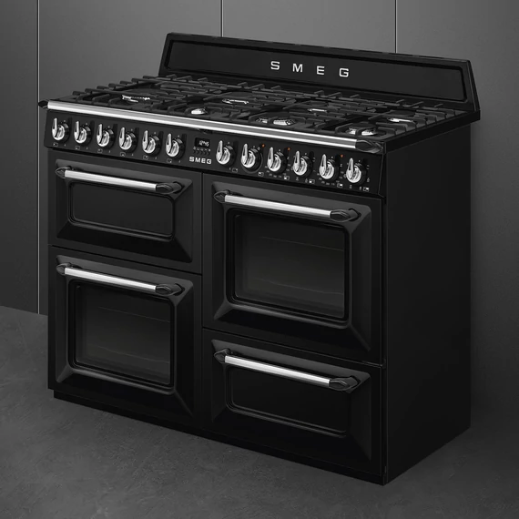 SMEG SZABADONÁLLÓ TŰZHELY, Victoria design, 110 cm, 3 sütőtér, 5 funkció, gáz főzőlap, fekete
