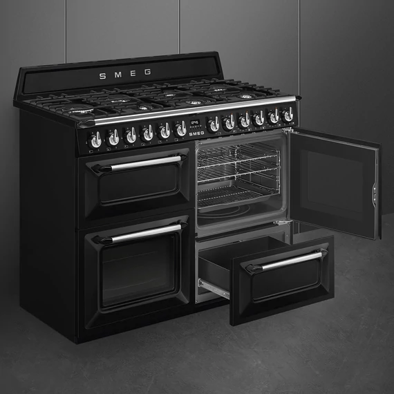 SMEG SZABADONÁLLÓ TŰZHELY, Victoria design, 110 cm, 3 sütőtér, 5 funkció, gáz főzőlap, fekete