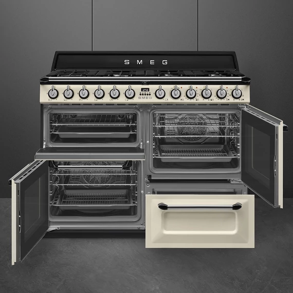 SMEG SZABADONÁLLÓ TŰZHELY, Victoria design, 110 cm, 3 sütőtér, 5 funkció, gáz főzőlap, bézs