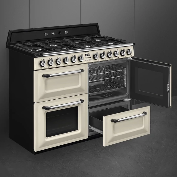 SMEG SZABADONÁLLÓ TŰZHELY, Victoria design, 110 cm, 3 sütőtér, 5 funkció, gáz főzőlap, bézs