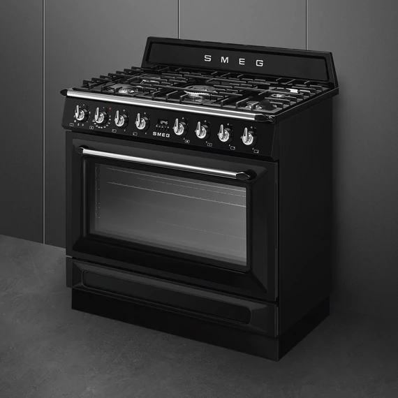 SMEG SZABADONÁLLÓ TŰZHELY, Victoria design, 90 cm, 1 sütőtér, gáz főzőlap, fekete