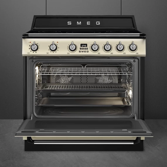 SMEG PIROLITIKUS SZABADONÁLLÓ TŰZHELY, Victoria design, 90 cm, 1 sütőtér, indukciós főzőlap, bézs