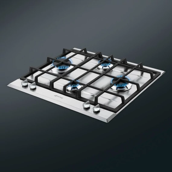 SMEG GÁZ FŐZŐLAP,Selezione ,60 cm,4 db normál égő,öntöttvas edénytartó rácsok, szálcsiszolt rm.acél,ezüst vezérlőgombok