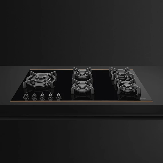 SMEG GÁZ FŐZŐLAP,Dolce Stil Novo,90 cm,90 cm,5 égő,fekete üvegkerámia inox díszítéssel,egyenes élű üveg