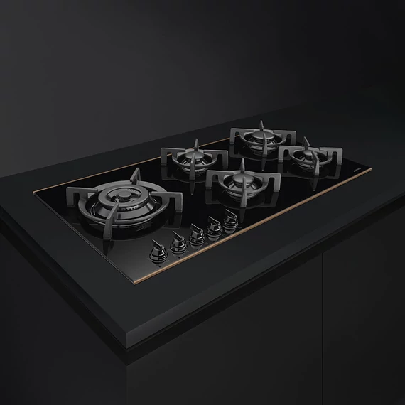 SMEG GÁZ FŐZŐLAP,Dolce Stil Novo,90 cm,90 cm,5 égő,fekete üvegkerámia inox díszítéssel,egyenes élű üveg